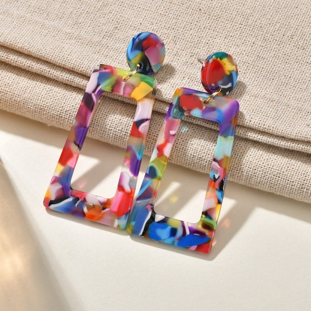 Boho Tropical Rectangular Acrylic Trapezoidal Design Post Dangle Earrings